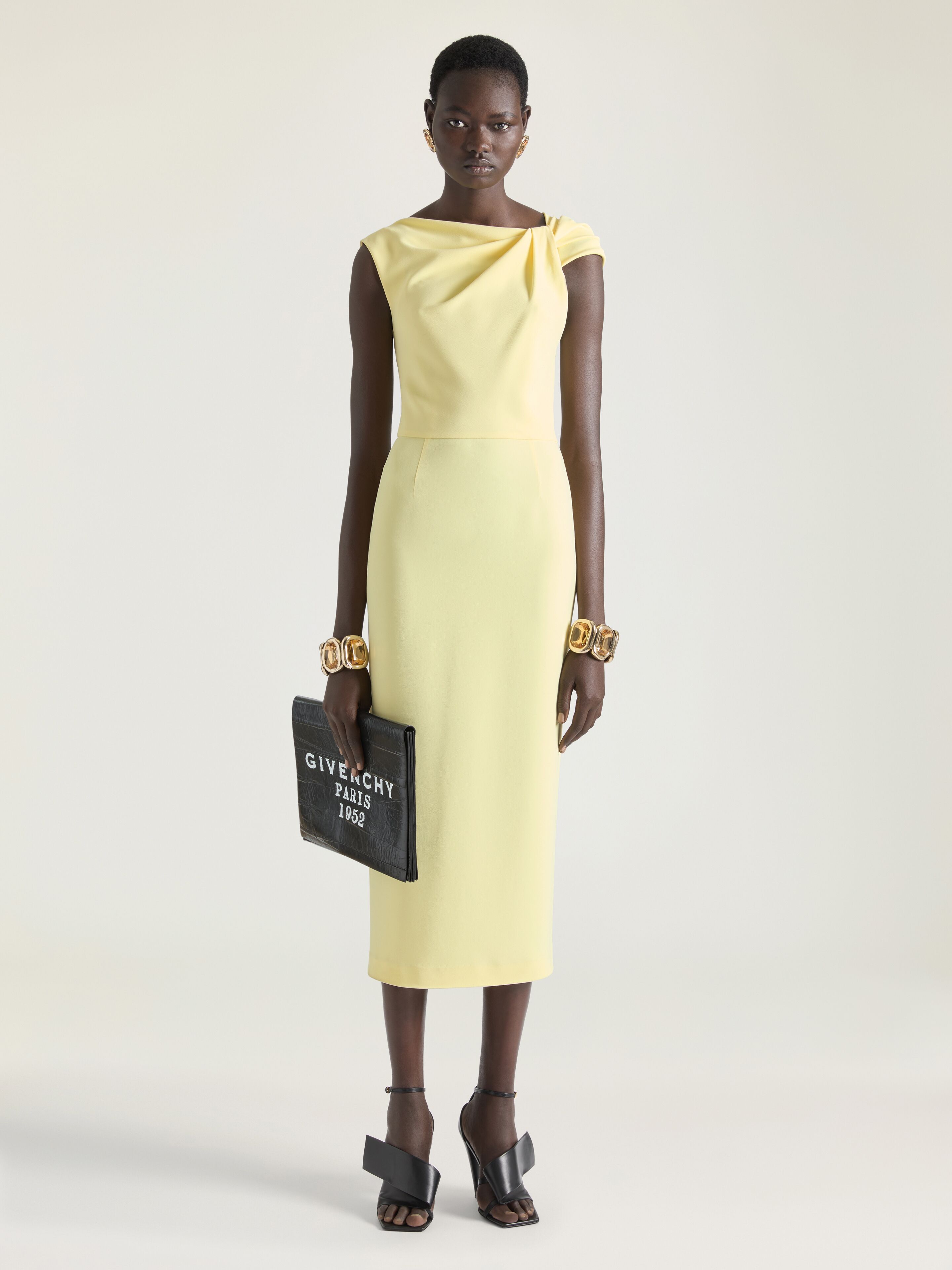 Draped pencil dress in crepe cady